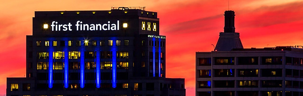 First Financial Center building at sunset