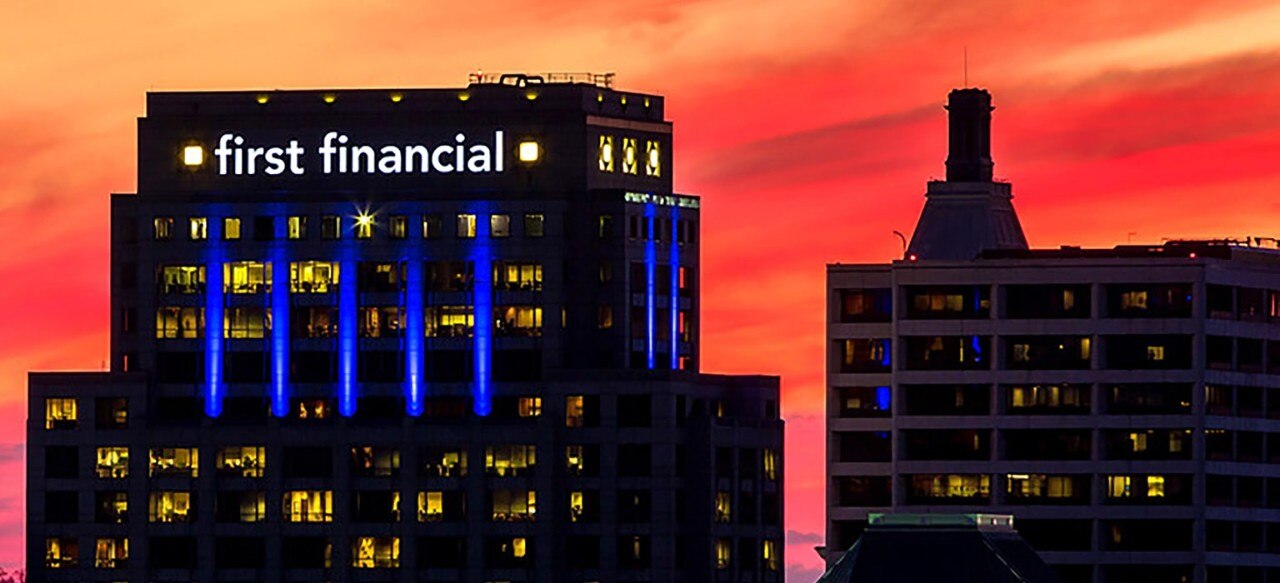 First Financial Center building at sunset