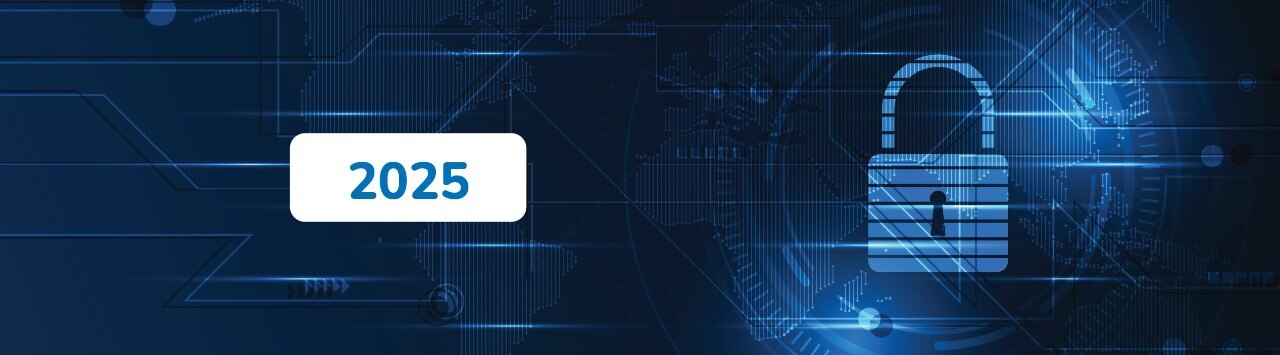 Digital lock and "2025" text on a blue, futuristic background with abstract world map and technological elements
