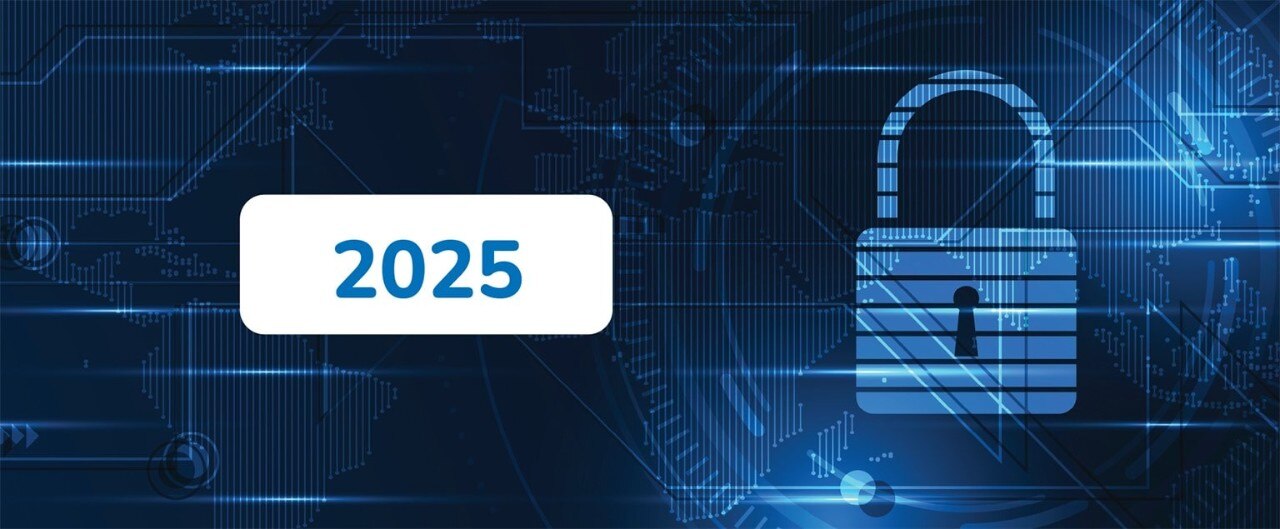 Digital lock and "2025" text on a blue, futuristic background with abstract world map and technological elements