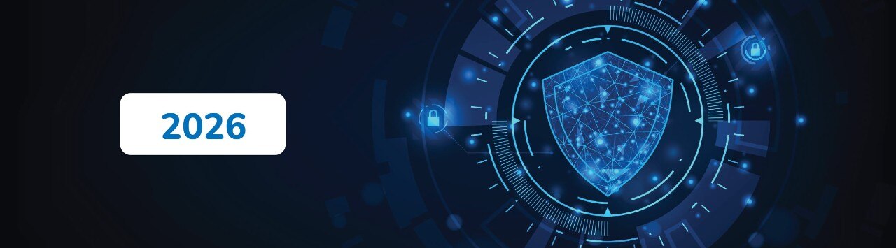 Digital graphic featuring a blue shield symbolizing cybersecurity, with the year "2026" prominently displayed.