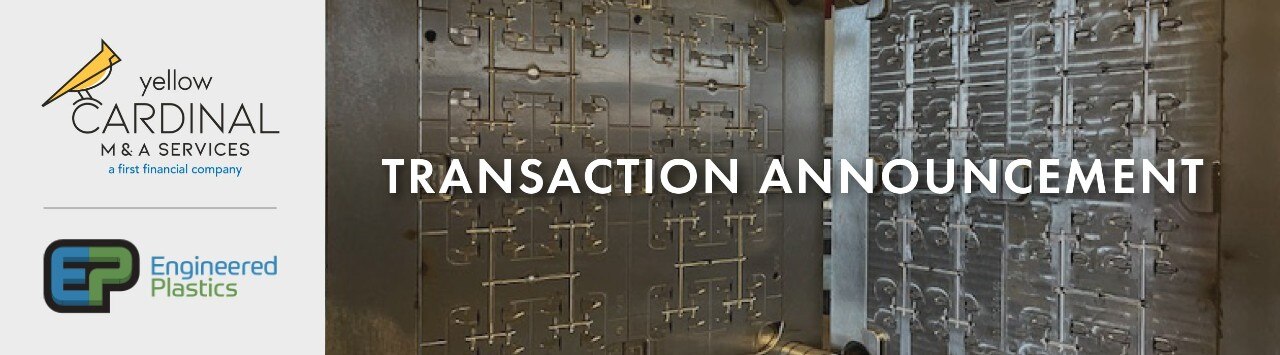 Yellow Cardinal M&A Services and Engineered Plastics logos next to image of manufacturing equipment