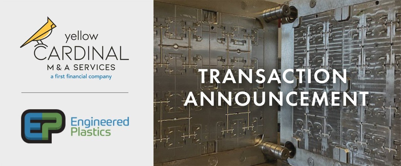 Yellow Cardinal M&A Services and Engineered Plastics logos next to image of manufacturing equipment