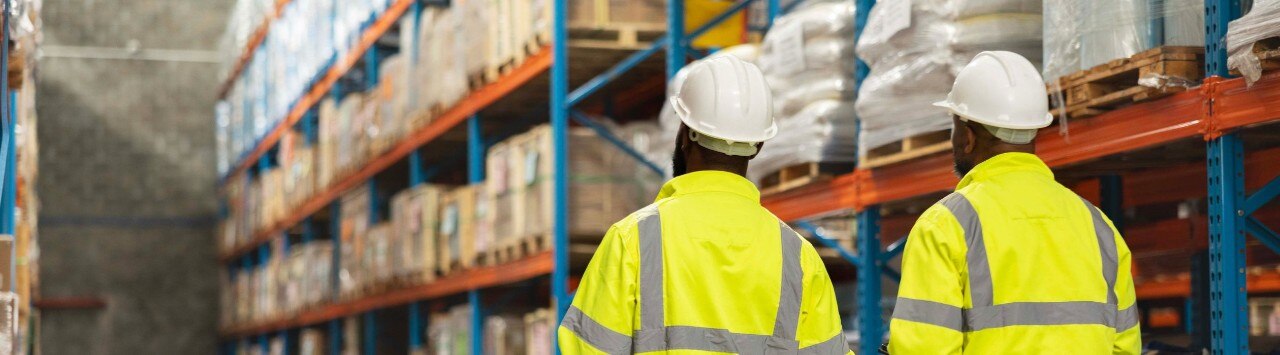Two workers wearing white hard hats and hi-visibility jackets in a warehouse