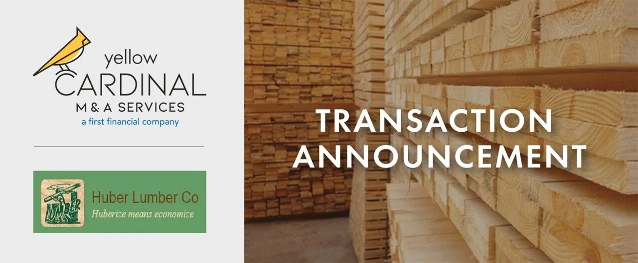 Yellow Cardinal M&A Services and Huber Lumber Co. logos alongside an image of lumber in a warehouse