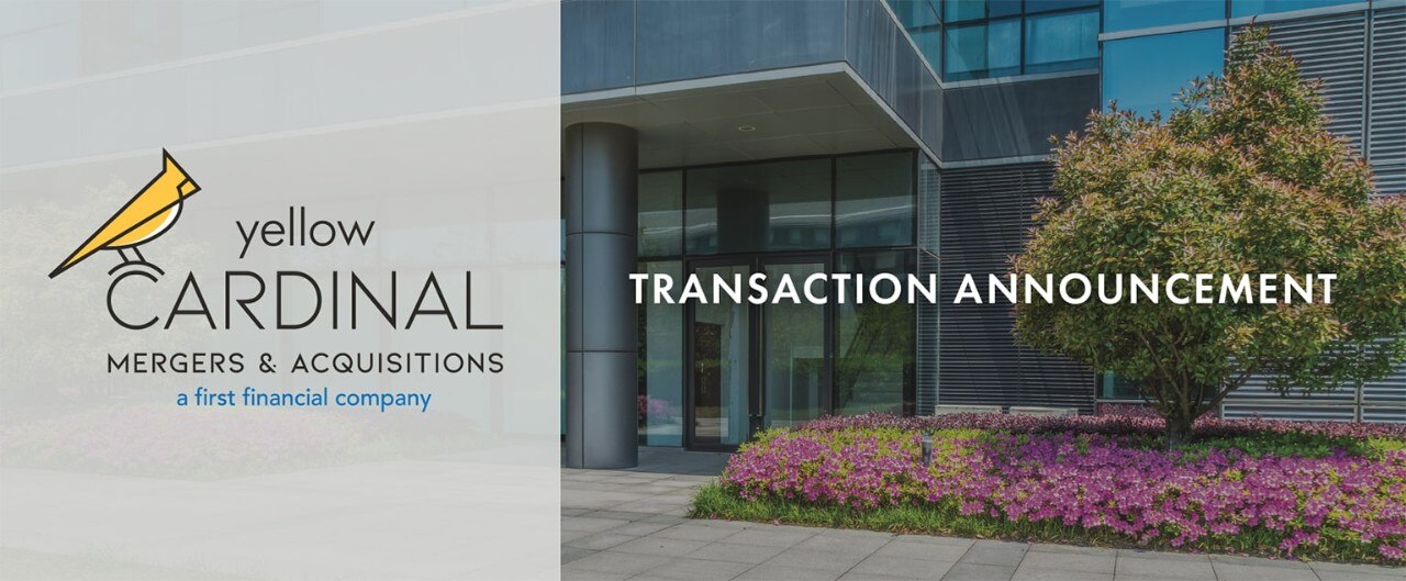 Yellow Cardinal Mergers & Acquisitions logo next to image of landscaped area