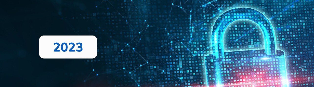 Illustration of digital padlock and code representing cybersecurity, labeled "2023"