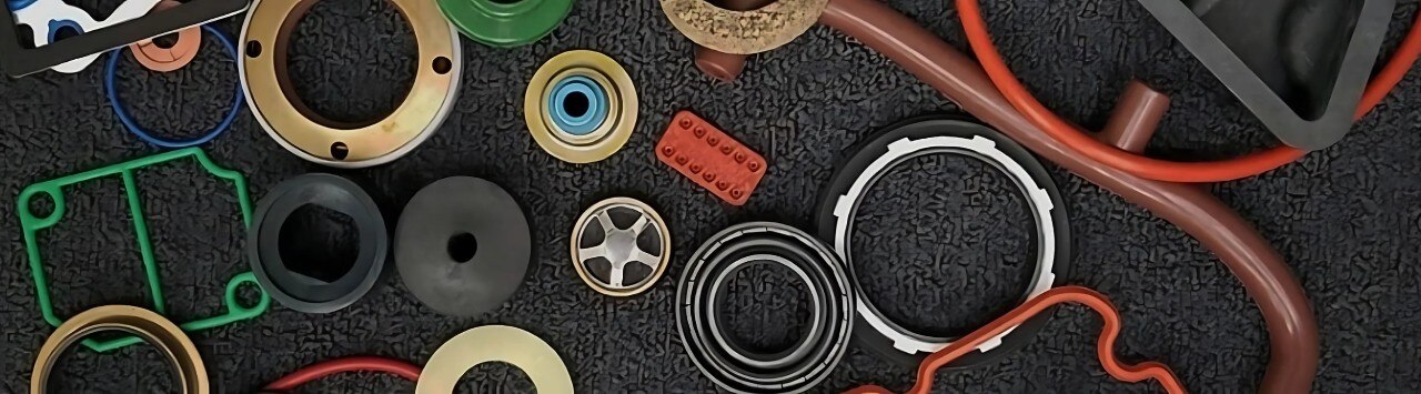 Industrial seals of different shapes and sizes arranged on a black carpet