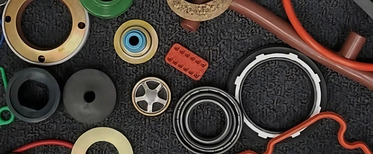 Industrial seals of different shapes and sizes arranged on a black carpet