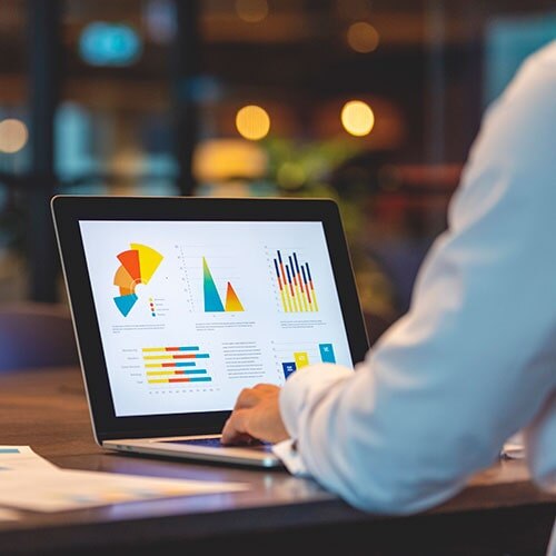 A person using a laptop which displays financial data in graphs