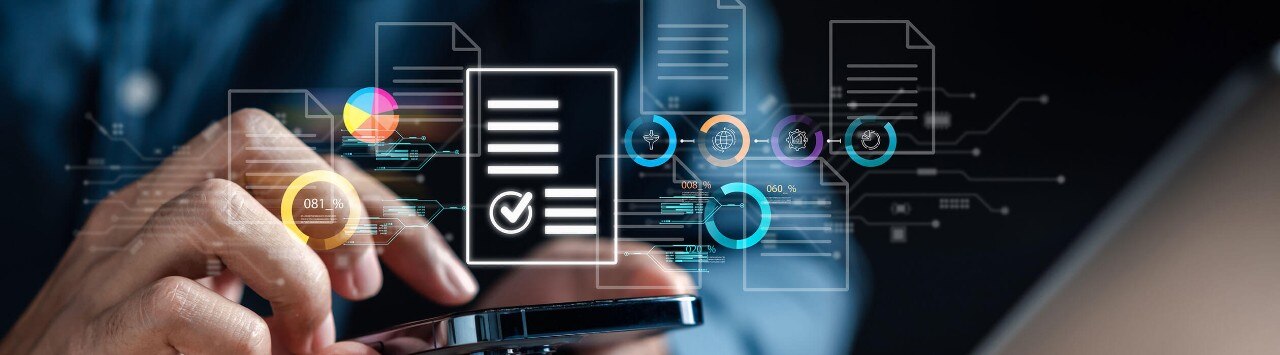 Two hands holding a smartphone, surrounded by icons of documents and data