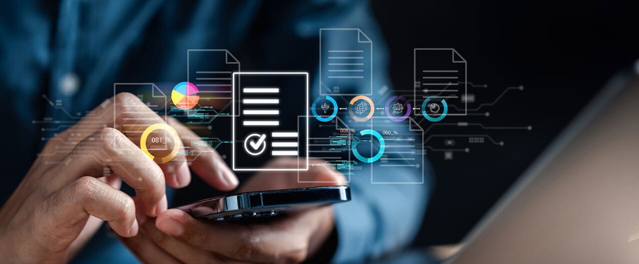 Two hands holding a smartphone, surrounded by icons of documents and data