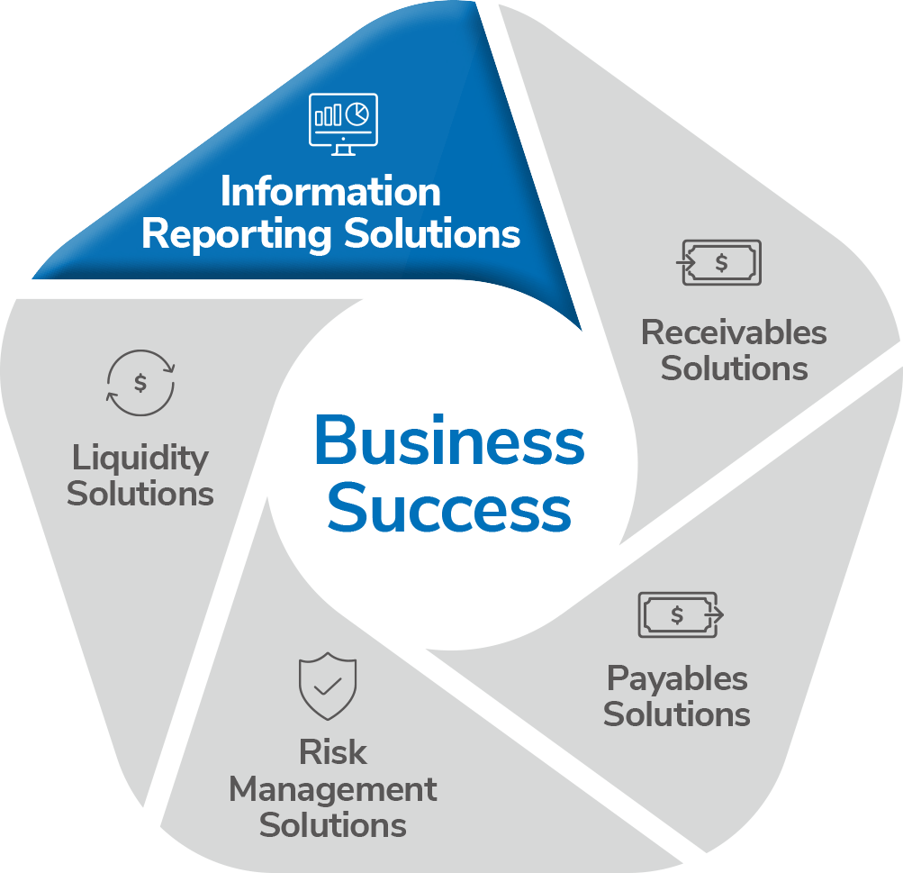 Wheel representing Treasury Management services with "Information Reporting Solutions" highlighted