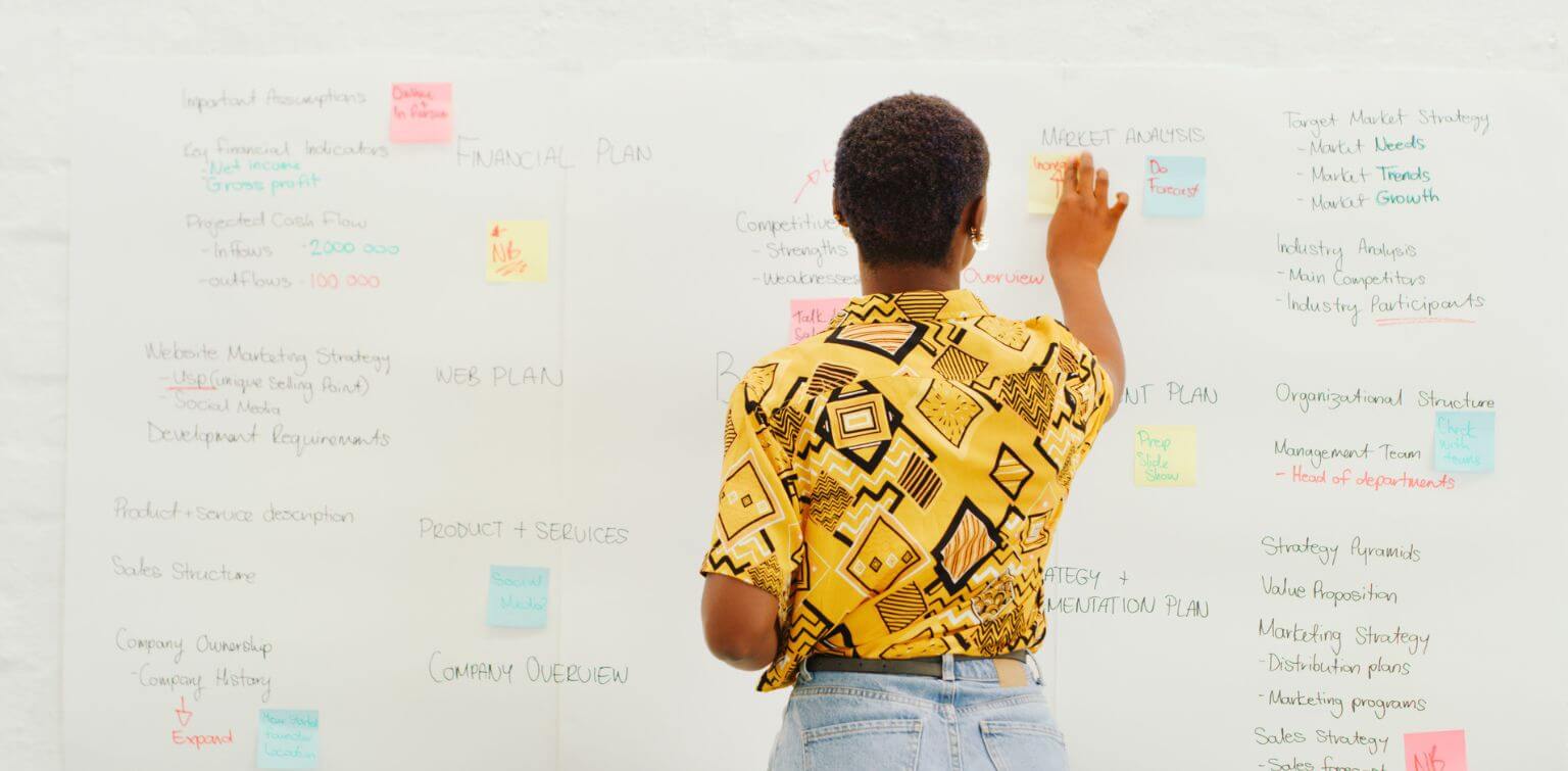 An African American person stands in front of a large whiteboard, organizing colorful notes and business strategy ideas.