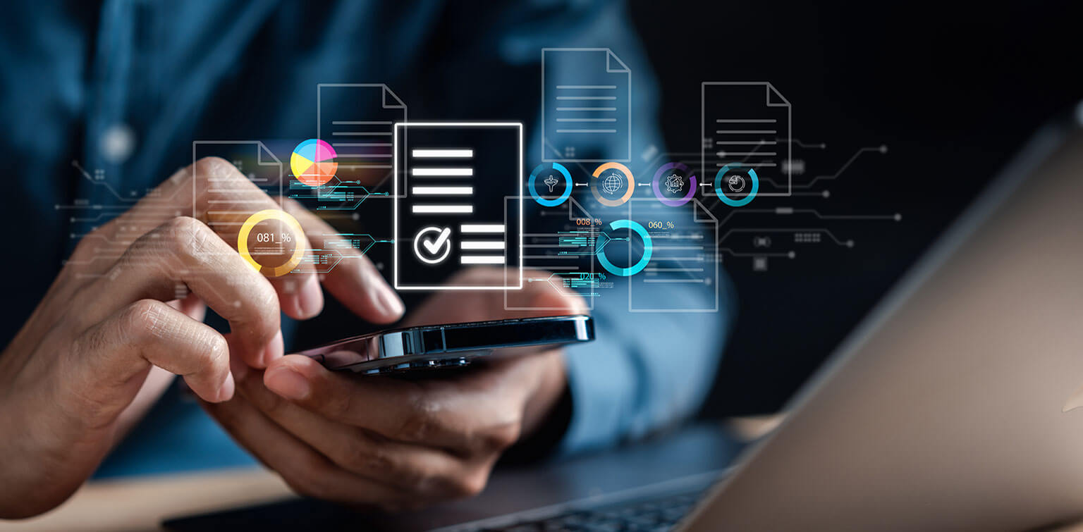 Two hands holding a smartphone, surrounded by icons of documents and data
