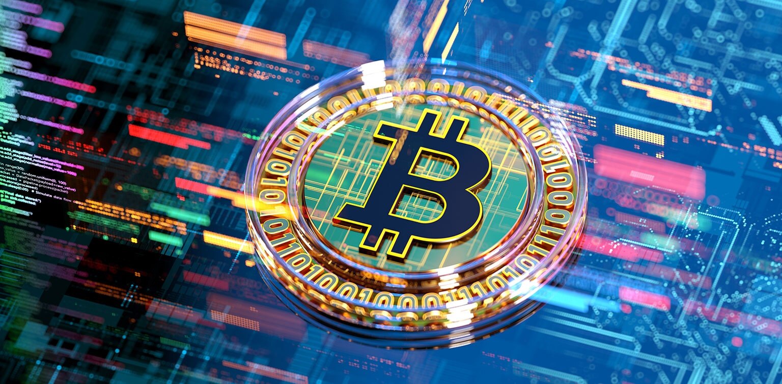 Bitcoin symbol superimposed over rapidly-moving digital stock market data