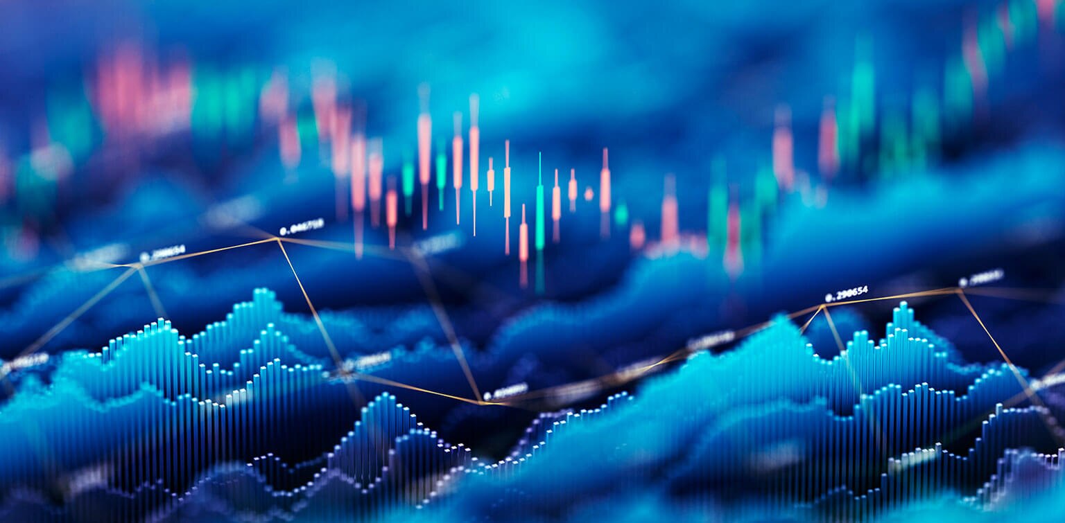 A digital financial chart with graphs, trend lines, and binary numbers, all set on a blue background.