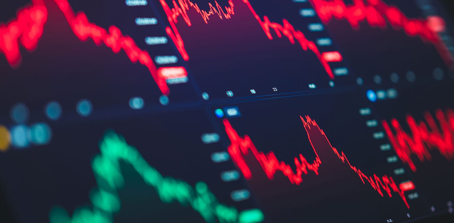 Digital screen displaying tumultuous stock data