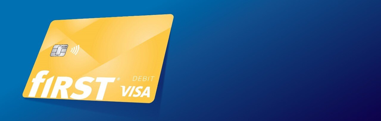 First Financial Visa debit card on blue background