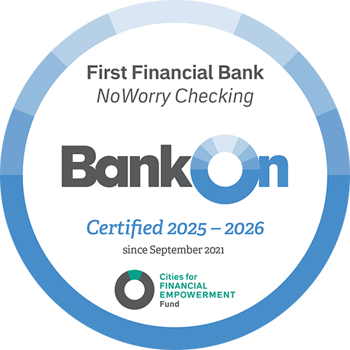 Badge reflecting the NoWorry checking account's BankOn certification for 2025-2026