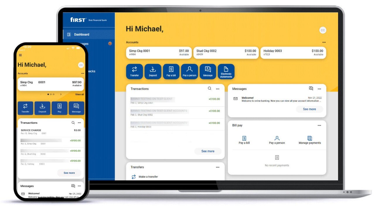 Smartphone displaying First Financial Bank mobile app next to laptop displaying First Financial Bank online banking screen