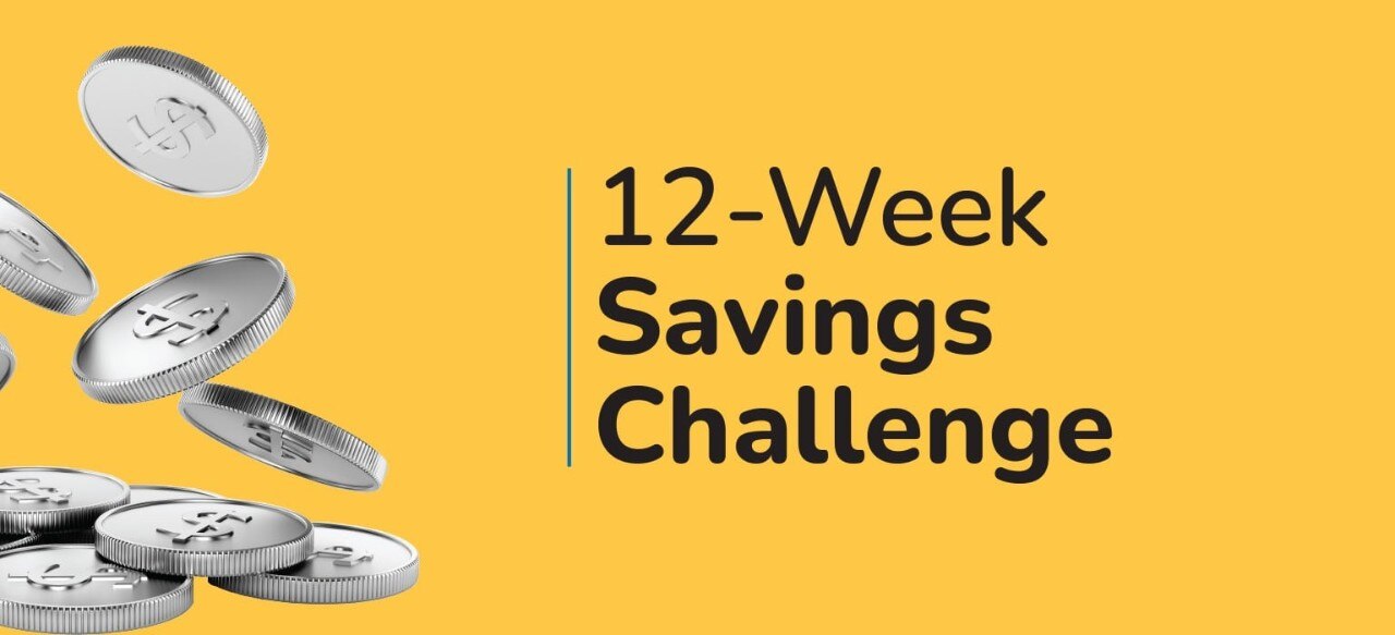 coins falling on a yellow background that says 12-week savings challenge
