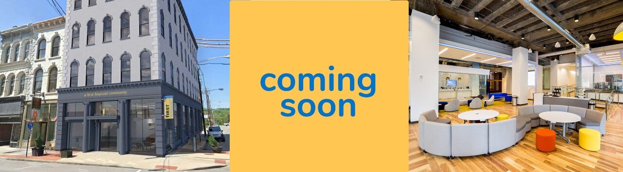 Photo of exterior and interior of First Financial’s 6th & Madison Innovation Center with the words “coming soon”