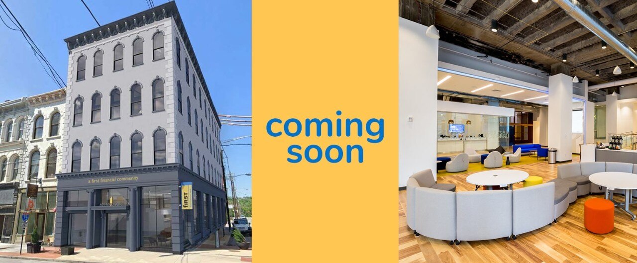 Photo of exterior and interior of First Financial’s 6th & Madison Innovation Center with the words “coming soon”