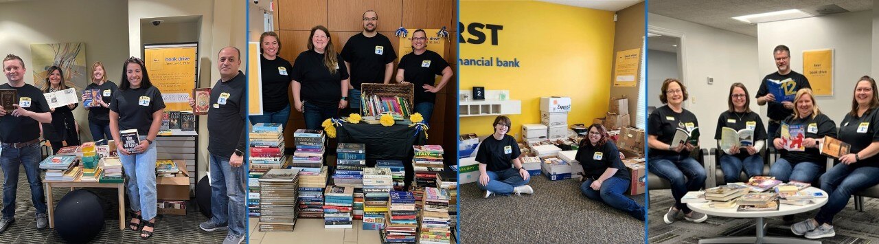 Collage of First Financial associates participating in book drive
