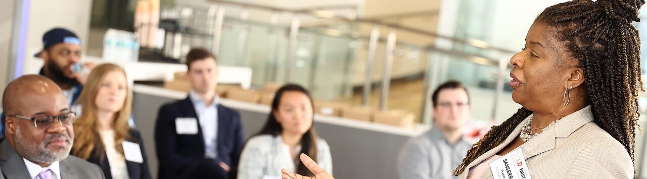 First Financial’s Sanserrae Frazier speaks to participants of the Bold10 Training Program