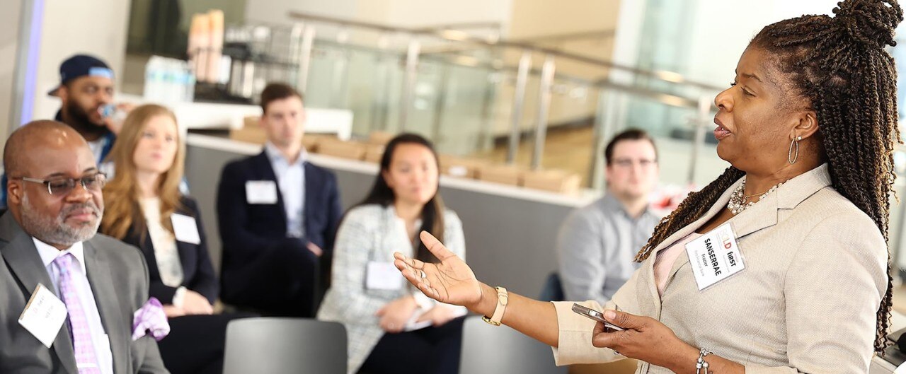 First Financial’s Sanserrae Frazier speaks to participants of the Bold10 Training Program
