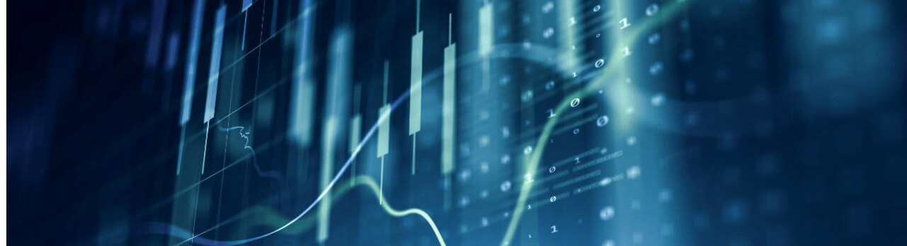 A digital financial chart with graphs, trend lines, and binary numbers, all set on a blue background.