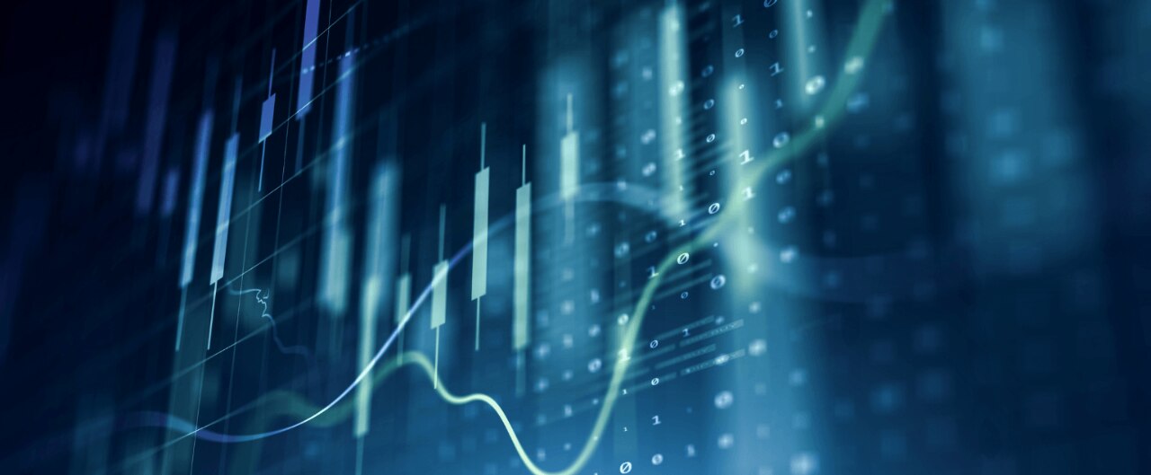 A digital financial chart with graphs, trend lines, and binary numbers, all set on a blue background.