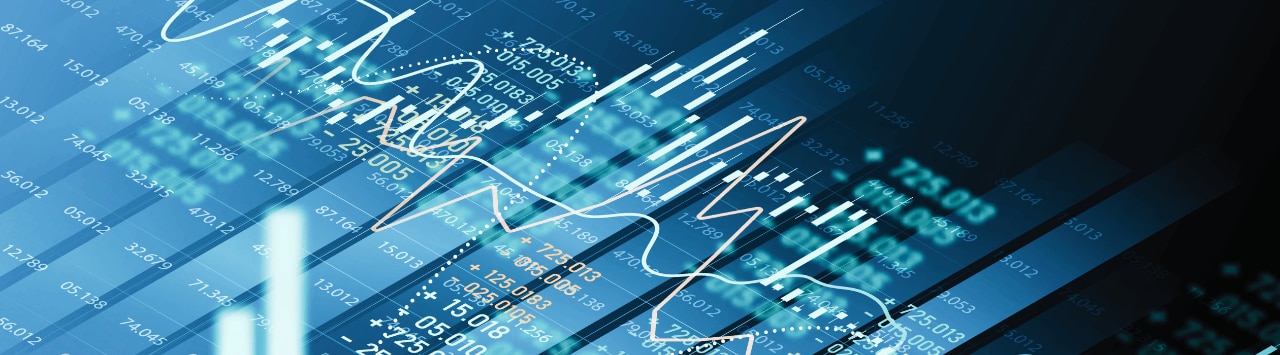 Blue digital stock market chart with financial data, candlestick graphs, and trend lines.