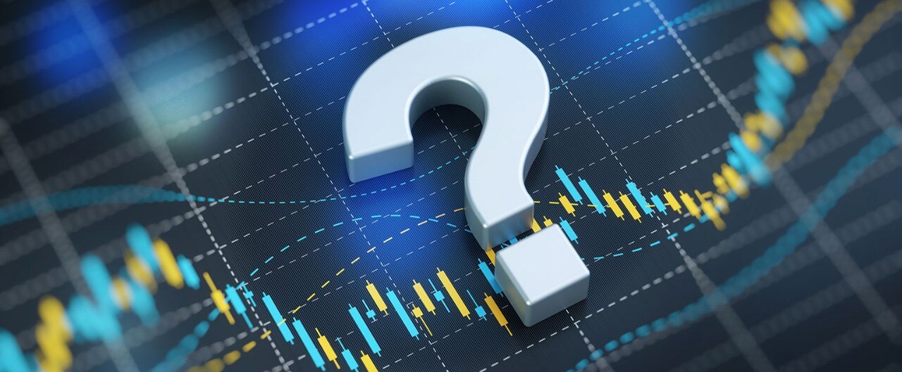 Question mark sitting over digital financial graph