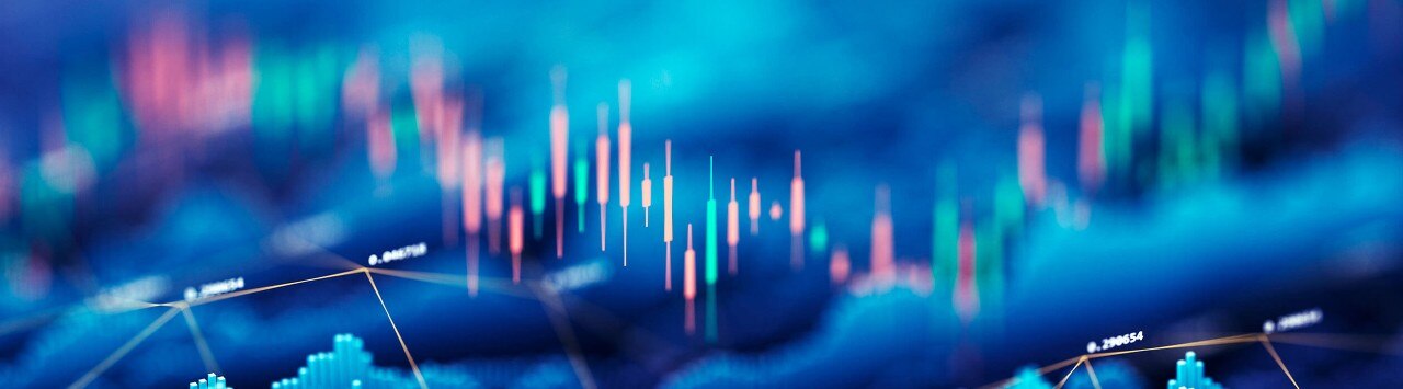 A digital financial chart with graphs, trend lines, and binary numbers, all set on a blue background.