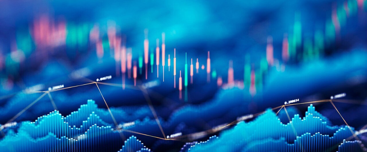 A digital financial chart with graphs, trend lines, and binary numbers, all set on a blue background.