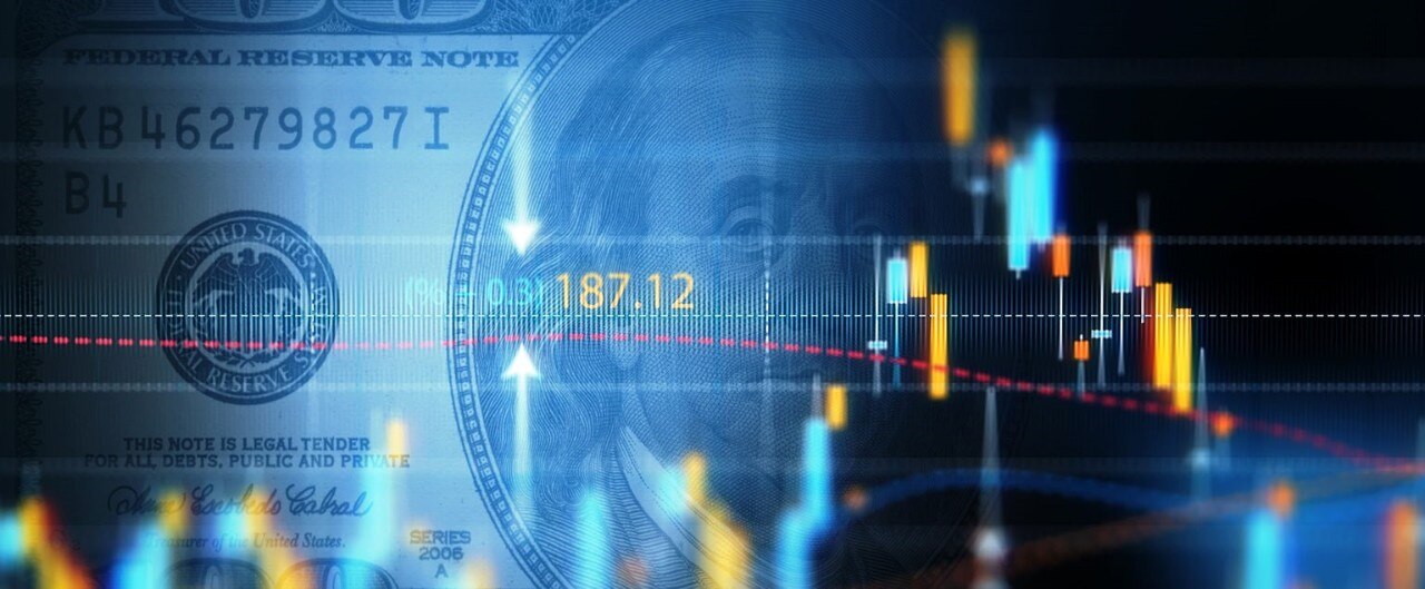 Financial data analysis graph showing market trends over one hundred American dollar bill on a digital display