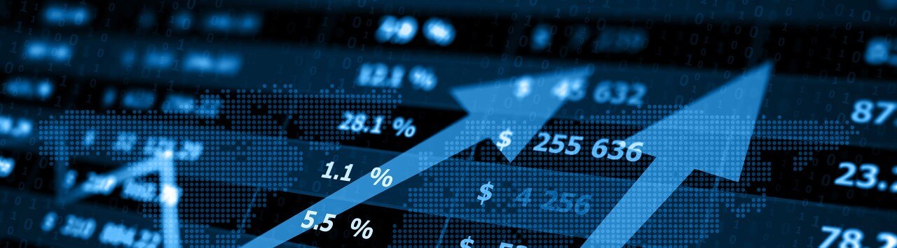 Financial data figures with upward arrow overlay