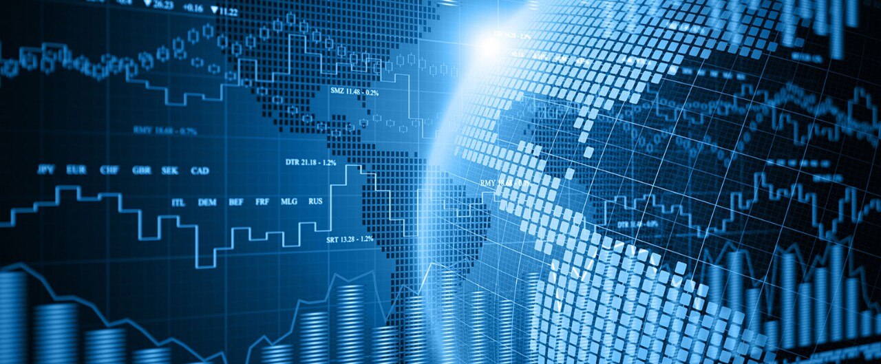 Digital image displaying financial data over portions of the globe