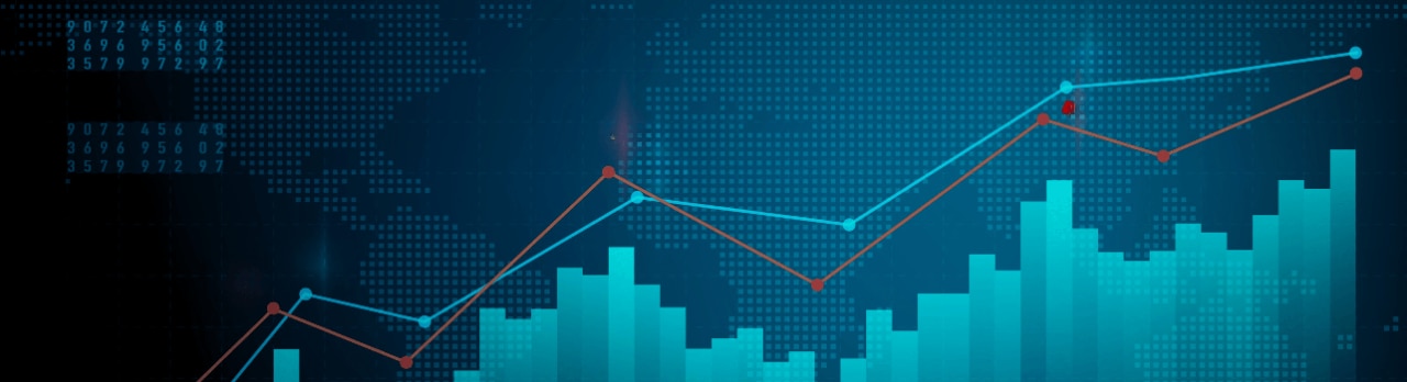 A digital financial chart with graphs, trend lines, and binary numbers, all set on a blue background.