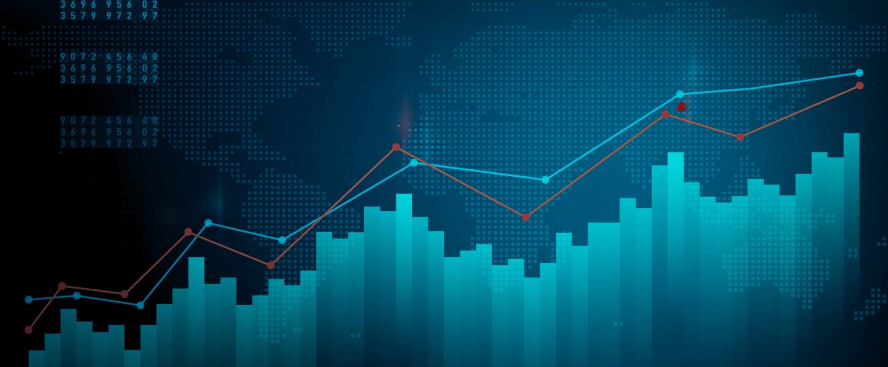 A digital financial chart with graphs, trend lines, and binary numbers, all set on a blue background.
