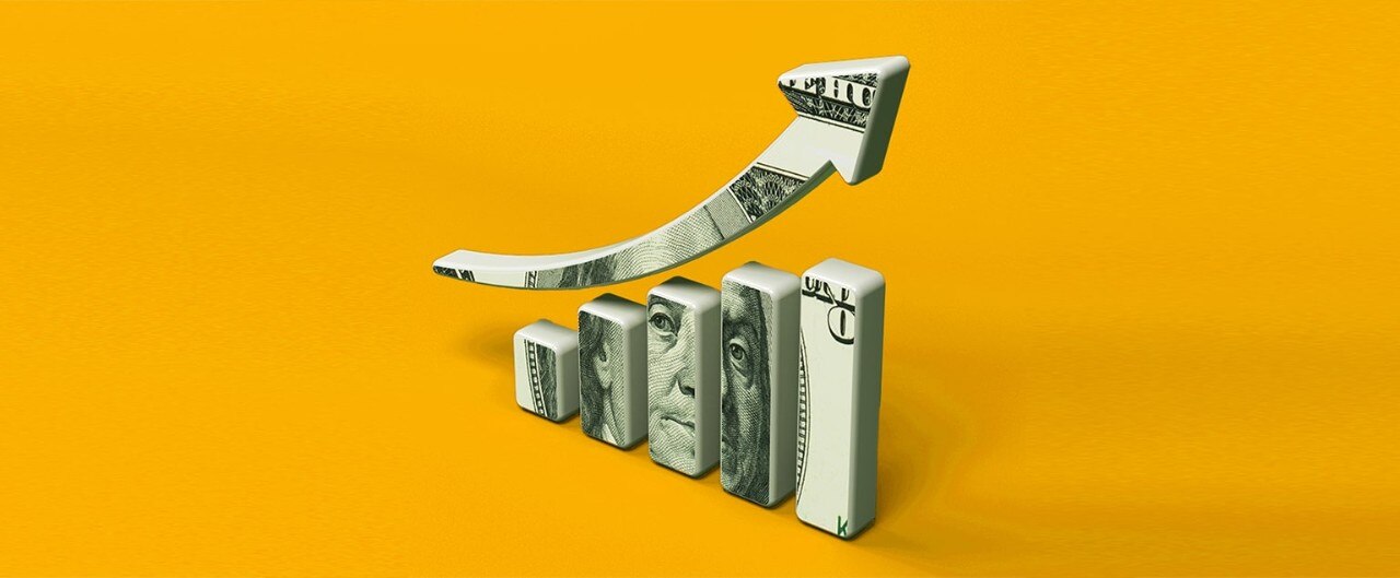3-D $100 bill financial graph with arrow showing interest growth