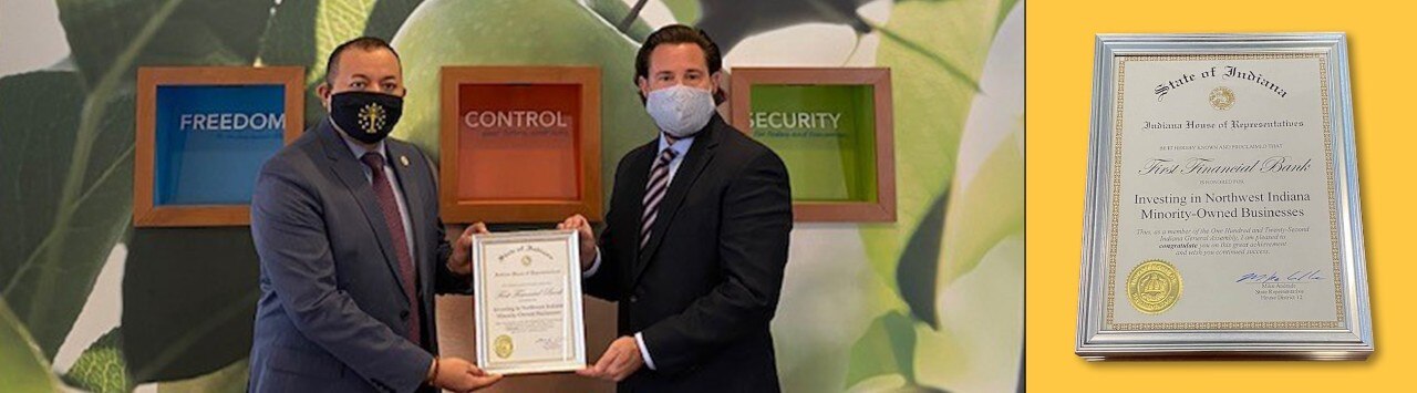 Collage of Indiana state representative Mike Andrade presenting certificate of recognition to Michael Schneider, FFB’s commercial market president for NW Indiana, alongside image of certificate