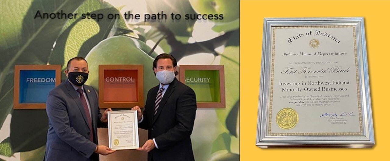 Collage of Indiana state representative Mike Andrade presenting certificate of recognition to Michael Schneider, FFB’s commercial market president for NW Indiana, alongside image of certificate